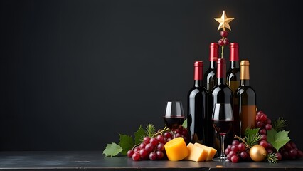 Wine bottles arranged in the shape of a Christmas tree, with cheese, grapes, wine glasses in a festive Christmas setting.