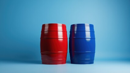 Red and blue barrel mockup for industrial branding. Ideal for showcasing logos or labels on realistic barrels with detailed textures. Perfect for presentations of oil, or fuel storage products