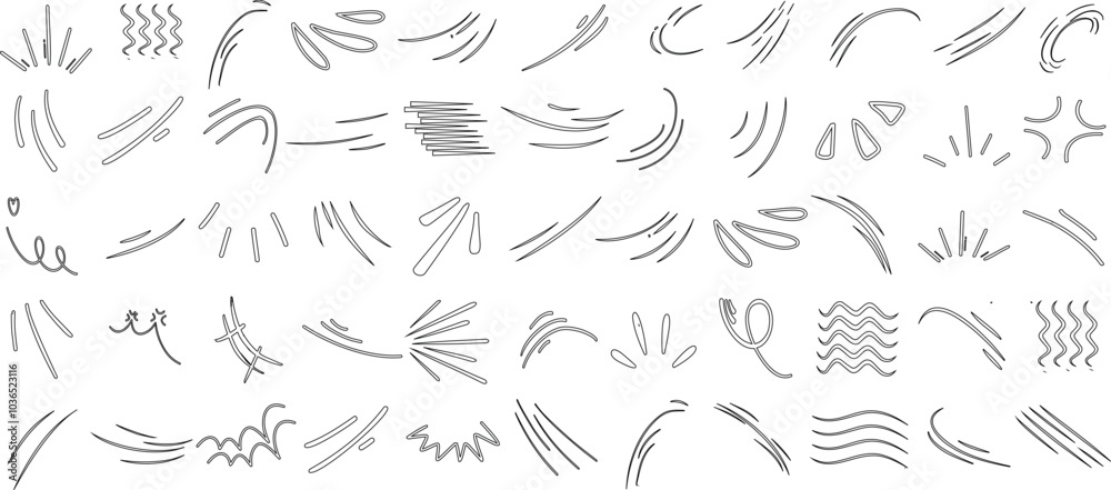 Poster hand drawn line movement vector set shows curves, swirls, and strokes. various patterns show dynamic