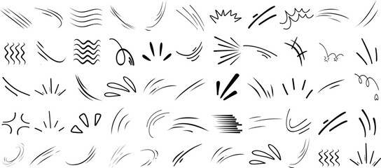 Abstract line movement elements in dynamic vector designs. Featuring curved, wavy, and flowing lines, these black sketch strokes depict energy and motion, ideal for animation, design accents