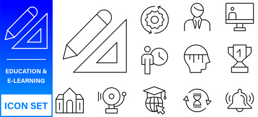 Education line icons collection. Big UI icon set in a flat design. Thin outline icons pack. Thin line icons set of academic subjects and education. Outline symbol collection.