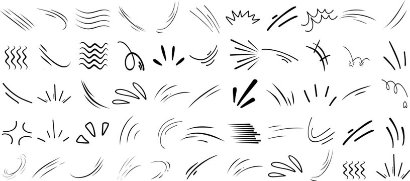 Abstract line movement elements in dynamic vector designs. Featuring curved, wavy, and flowing lines, these black sketch strokes depict energy and motion, ideal for animation, design accents