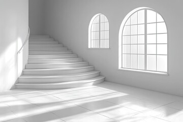 Fototapeta premium White room with staircase, arch windows. Ideal for showcasing home decor, furniture, or product placement.