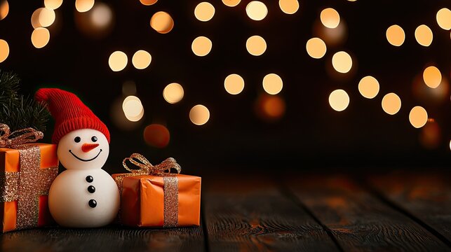 Christmas Background, Festive snowman with gifts and glowing lights in warm holiday ambiance.