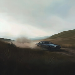 Fototapeta premium Black car in motion, thrilling mood, kicking up dust on a dirt track landscape with copy space