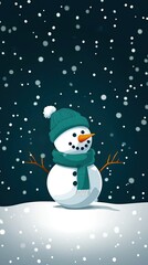 Fototapeta premium Christmas Background, Snowman wearing a scarf and hat, surrounded by falling snowflakes, festive winter scene.