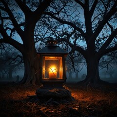 A single lantern casts a warm glow in a foggy, moonless forest, the light illuminating a tangle of gnarled tree roots and a hazy, ethereal atmosphere.