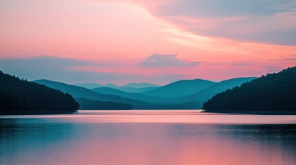 Serene lake at sunset, with mountains reflecting soft pastel colors in the water.