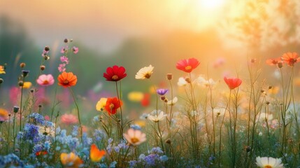 A vibrant field of colorful flowers illuminated by soft sunlight at dawn.