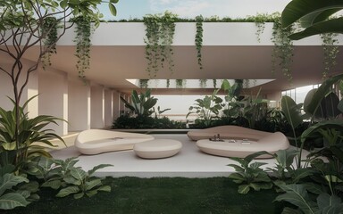 Obraz premium Futuristic Living Space with Biophilic Design Modern Architecture Blending Nature and Minimalism