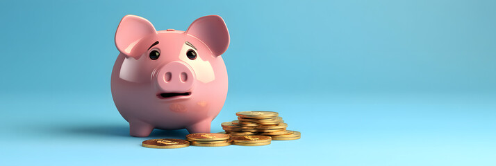 Sad and worried pink pig piggy bank next to a few gold coins, isolated on blue background. Investment failure, bankruptcy concept 