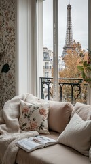 Cozy Parisian Apartment Living Room with Soft Neutral Decor, Floral Accents, and a Stunning View of the Eiffel Tower Framed by an Open Window