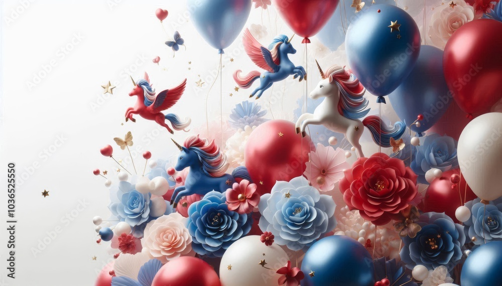 Wall mural flying horse and ballons in white background