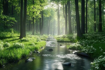 Obraz premium Serene forest with a stream running through it, Nature, Tranquility