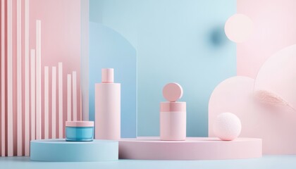 Minimalist Skincare: Soft Pastel Bottles and Beauty Products in a Clean Display