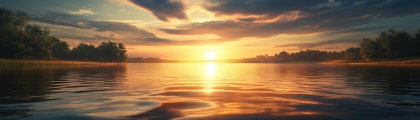 Serene sunset over a tranquil lake with a reflection, Nature, Tranquility