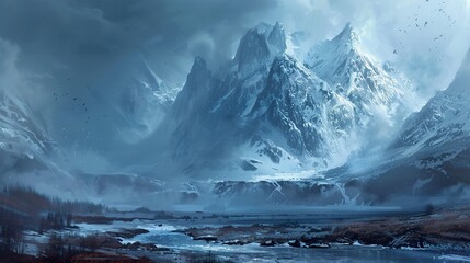 Naklejka premium Majestic Snowy Mountain Range with Foggy Sky and River