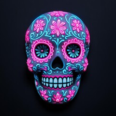 Luminous sugar skull with neon floral patterns, glowing pink and blue, intricate details