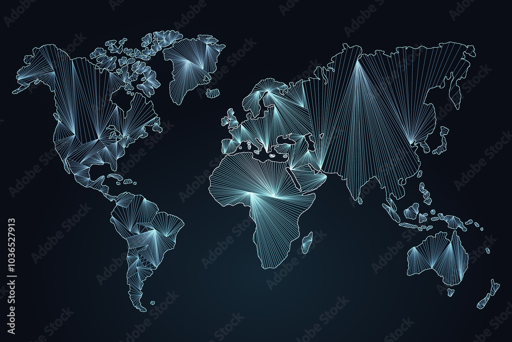 Aufkleber Front view on digital graphic world map with white glowing lines on abstract dark background, design template. 3D rendering