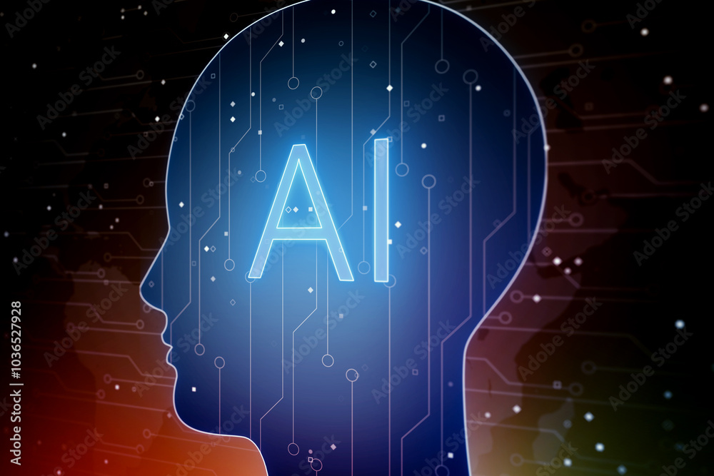 Poster Artificial intelligence and machine learning concept with glowing digital AI sign inside human head silhouette on abstract technological background. 3D rendering