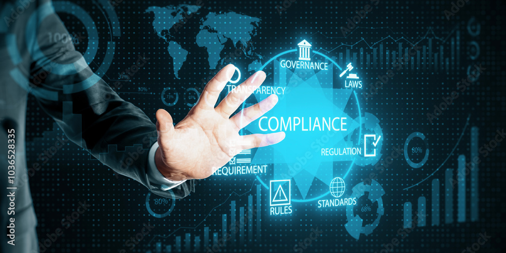 Aufkleber man hand interacting with a digital compliance interface featuring neon blue data and regulatory ico