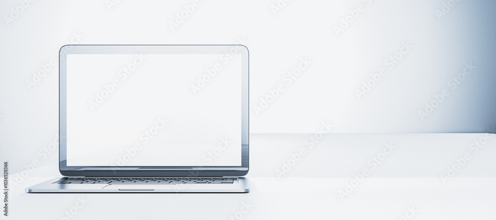 Poster Laptop with blank screen on a white surface in a minimalistic room. 3D Rendering
