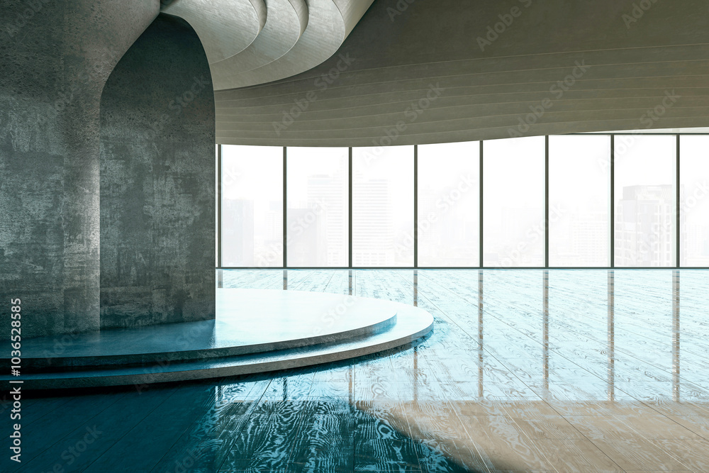 Poster Modern abstract interior design with curved elements and large windows. 3D Rendering