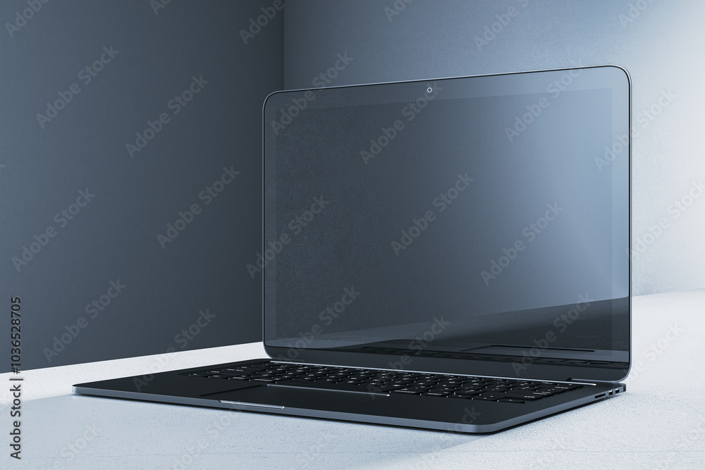 Poster Laptop mockup with blank screen on a grey desk and dark background. 3D Rendering