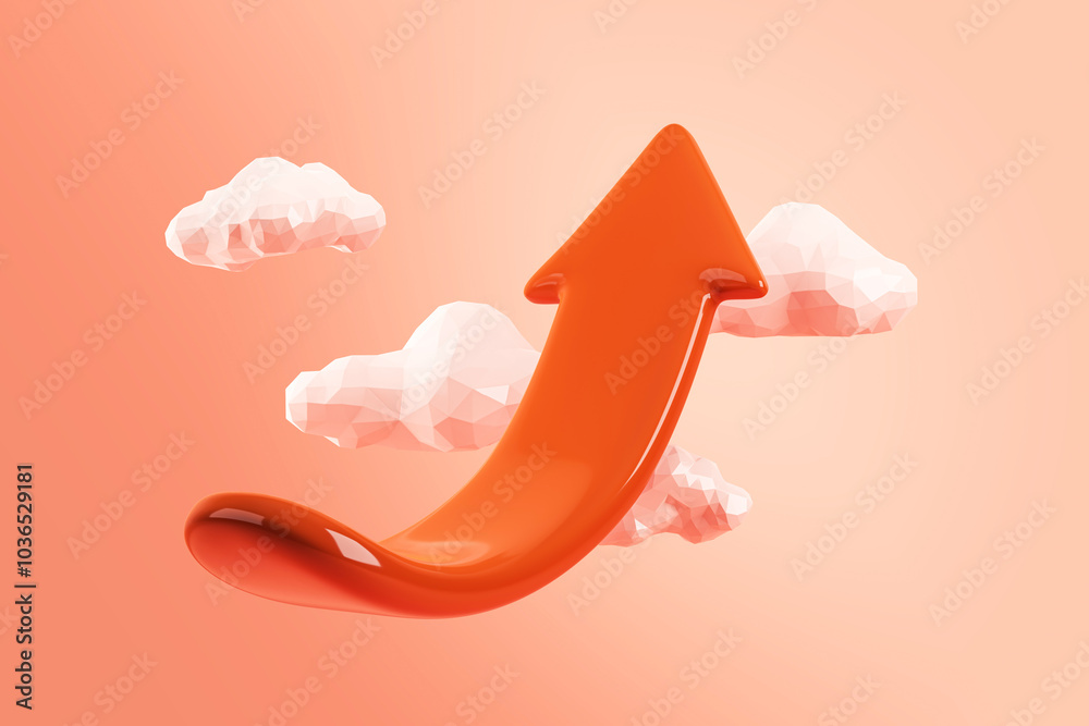 Aufkleber Upward arrow with clouds in a soft orange background. 3D Rendering