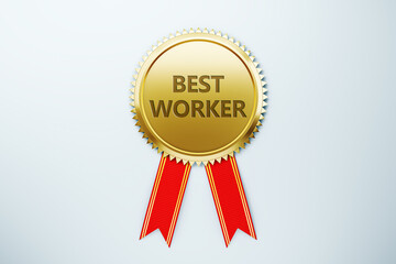 Golden award ribbon with Best Worker text on a clean background. 3D Rendering