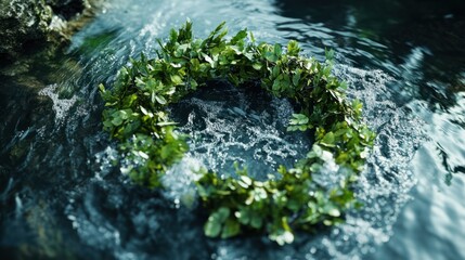 Environmental conservation symbol: water recycling sign blended with natural motifs