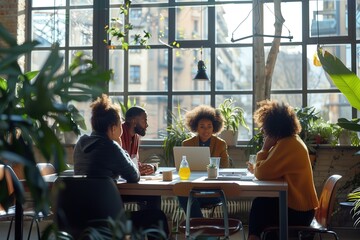Four People Sitting at a Table in a Sunny Room with Large Windows