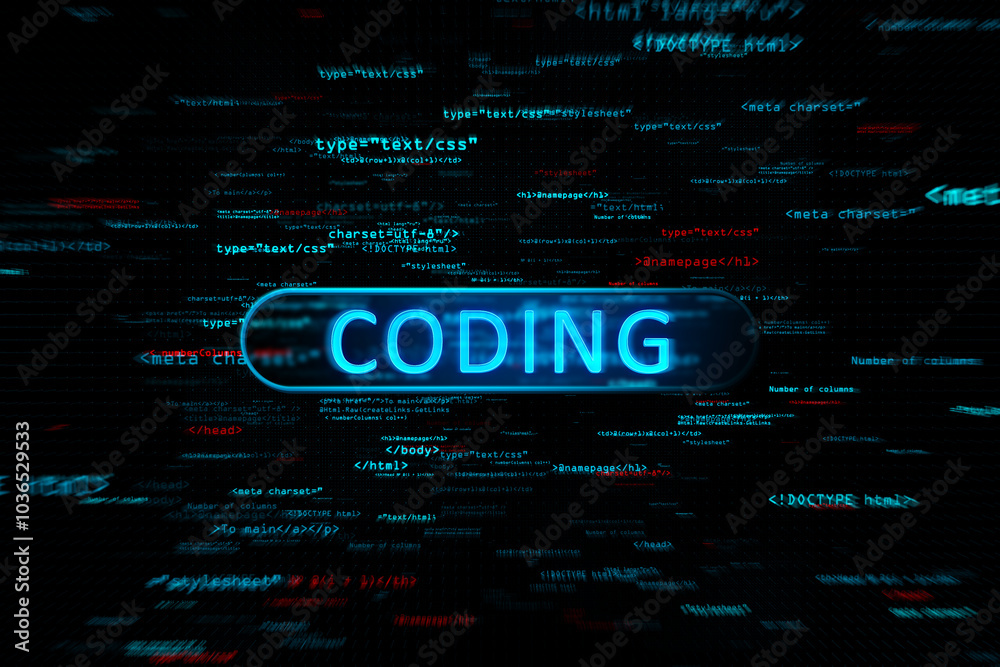 Leinwandbilder Programming binary code with digital coding sign on dark technological background. 3D rendering