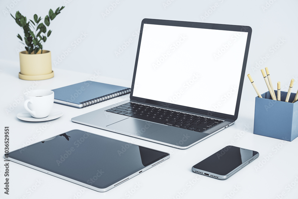 Poster Perspective view on modern workspace with blank white laptop screen with copyspace for your logo or text, digital tablet and smartphone on white table surface. 3D rendering, mockup