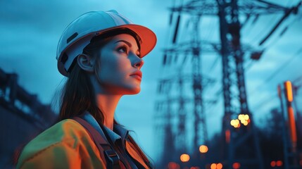 Female Engineer with Power Grid and Energy Lines