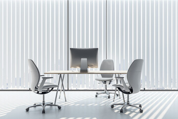 Front view on stylish workspace with modern computer on wooden table surrounded by white chairs in sunny office room with white floor and blinds on huge windows. 3D rendering