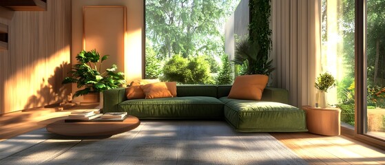 Fototapeta premium Serene and Cozy Living Room with Green Sofa and Natural Dcor