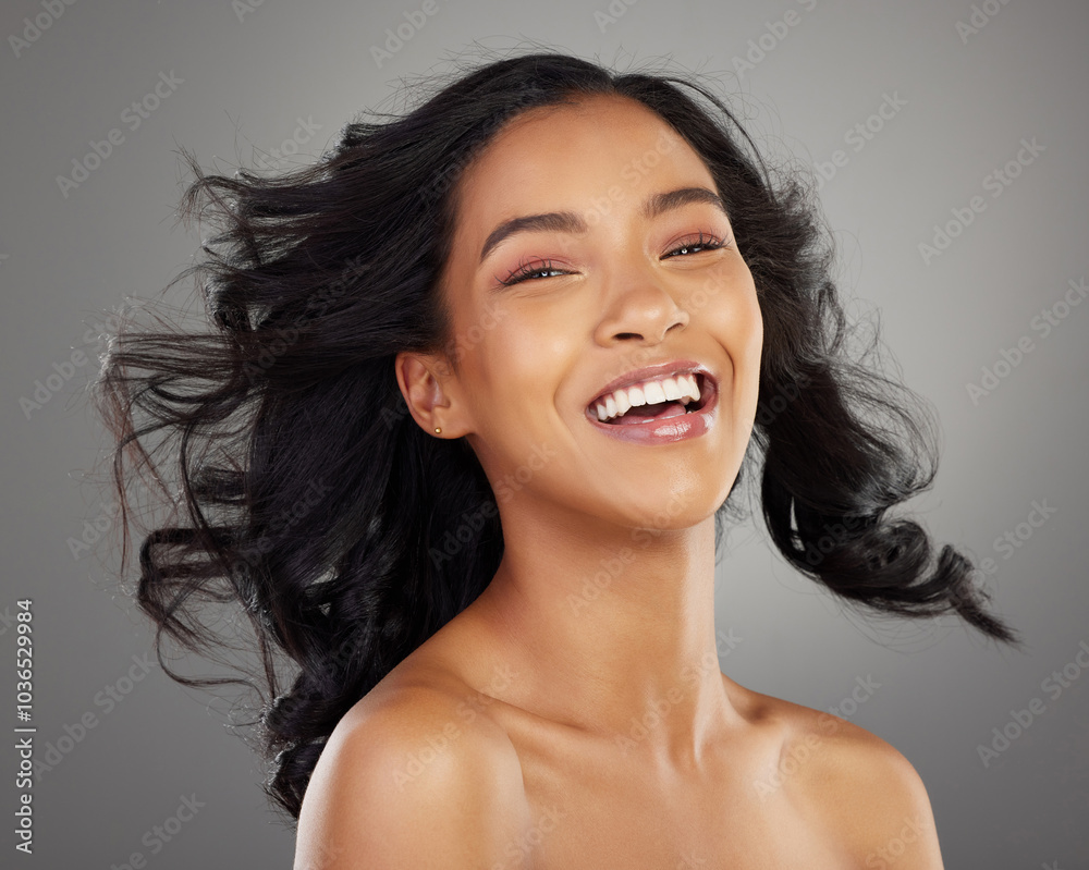 Sticker Hair, wind and portrait of woman in studio smile for confidence, healthy texture and growth. Salon, hairdresser and happy isolated person for beauty, wellness and keratin treatment on gray background