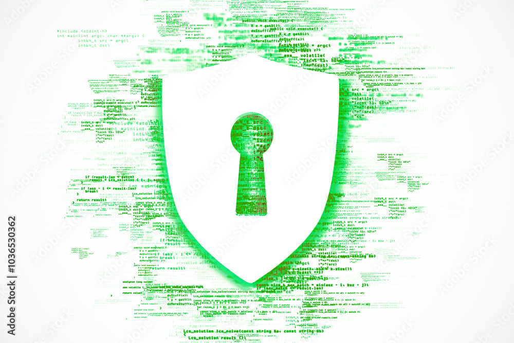Poster Shield with keyhole surrounded by green code on white background. 3D Rendering