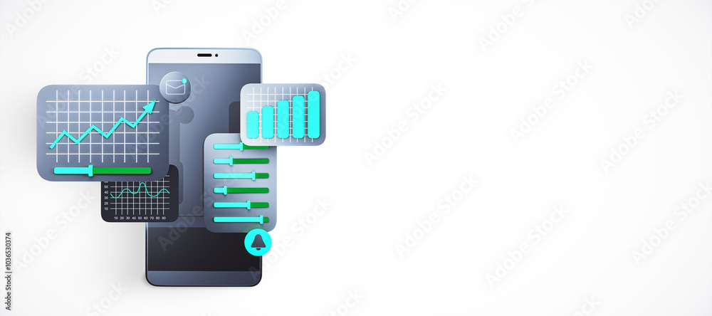 Poster Smartphone displaying financial charts and data on a white background. 3D Rendering