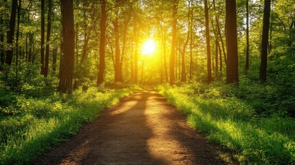 Fototapeta premium A serene forest path illuminated by golden sunlight, inviting exploration and tranquility.