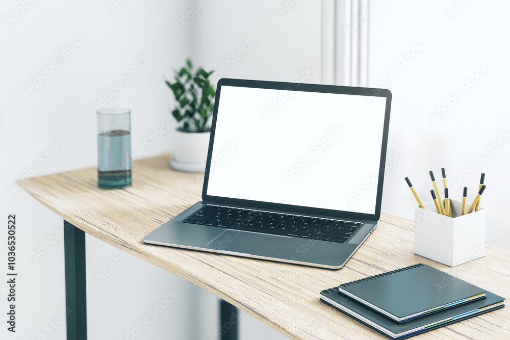 Poster perspective view on blank white modern laptop monitor screen with copyspace for your logo or text on