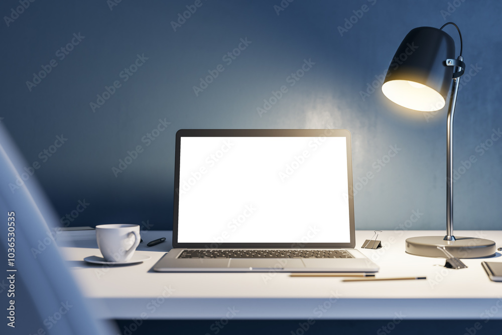 Poster work concept with front view on blank white modern laptop screen with blank place, white tea cup and