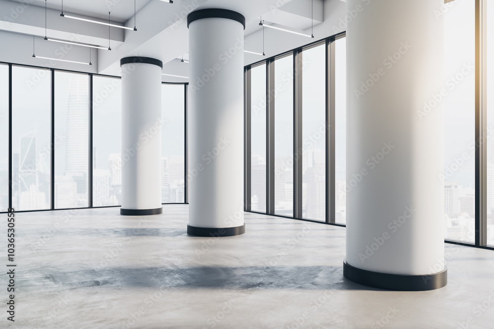 Aufkleber Real estate concept with perspective view on huge white columns on concrete floor in spacious empty hall with city view from glass walls separated by black frames. 3D rendering