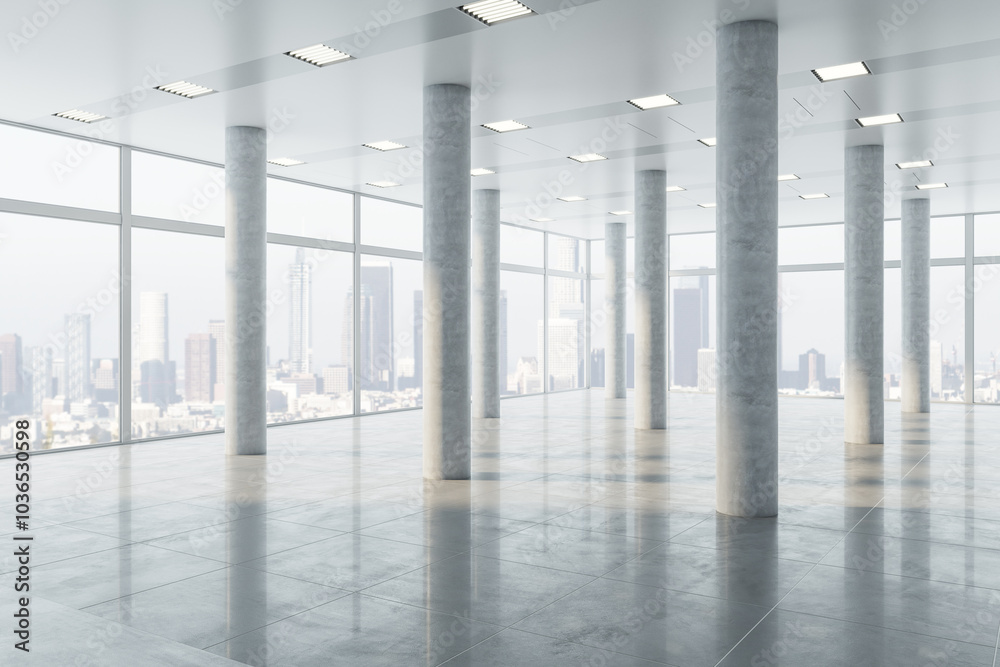 Poster Real estate concept with perspective view on spacious sunlit hall on high floor with huge concrete columns on light grey floor and city skyscrapers view from panoramic windows. 3D rendering