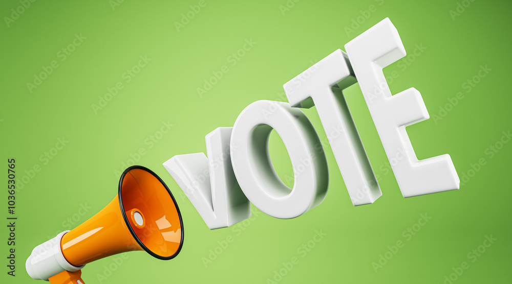 Poster 3D rendering of a megaphone and the word VOTE against a vibrant green background. 3D Rendering