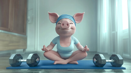 A Charming Pig Practicing Mindfulness and Strength Training in a Serene Home Environment with Weights and Positive Vibes