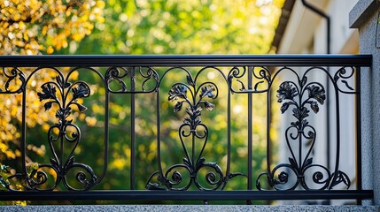 Ornate Black Metal Fence with Blurred Green and Yellow Background