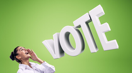 Bright concept of voting with a woman shouting Vote against a green background.
