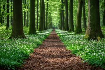 Obraz premium A path through a lush green forest, lined with white wildflowers. This photo can be used for nature, forest, and spring themed projects.